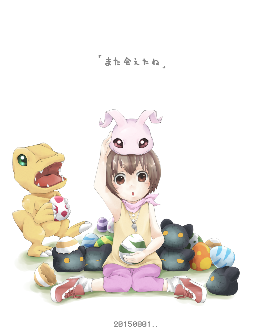 1girl, agumon, botamon, brown_eyes, brown_hair, digiegg, digimon, digimon_adventure, highres, koromon, short_hair, yagami_hikari