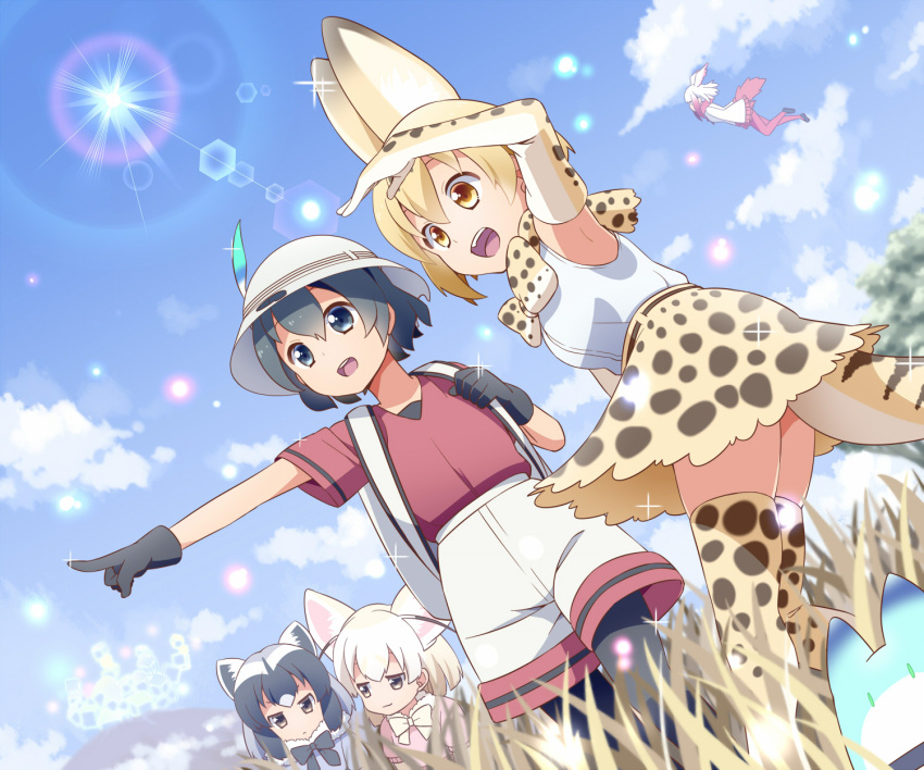 >:<, 5girls, :<, :3, :d, animal_ears, armpits, backpack