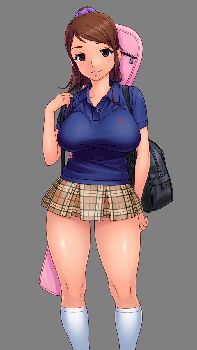 1girl, bag, breasts, brown_eyes, brown_hair, gakuenichi_no_bishoujo_jk_to_enkou_shitemitara_sumashita_kao_kara_wa_souzou_mo_tsukanai_tondemonai_sex_ga_matteita!!, highres, kneehighs