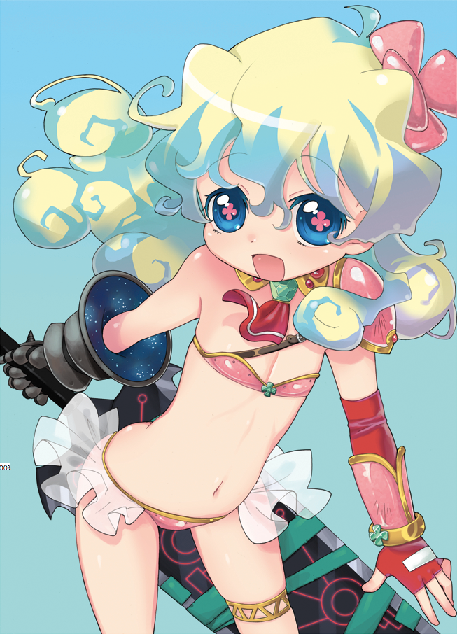 12_toshi, armor, breasts, cleavage, curly_hair, flat_chest, flower, gauntlets