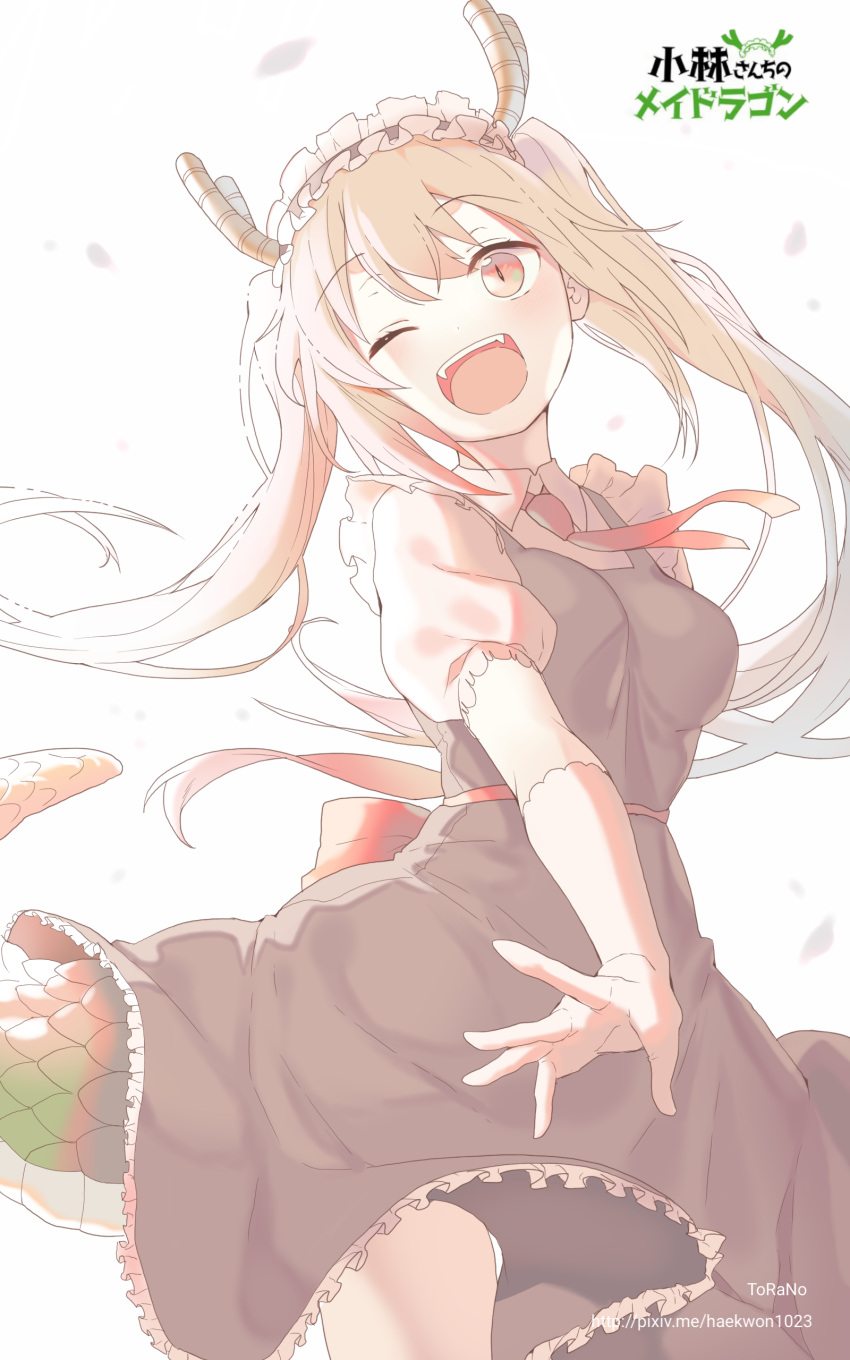 1girl, absurdres, artist_name, bangs, blonde_hair, copyright_name, dragon_girl, dragon_horns