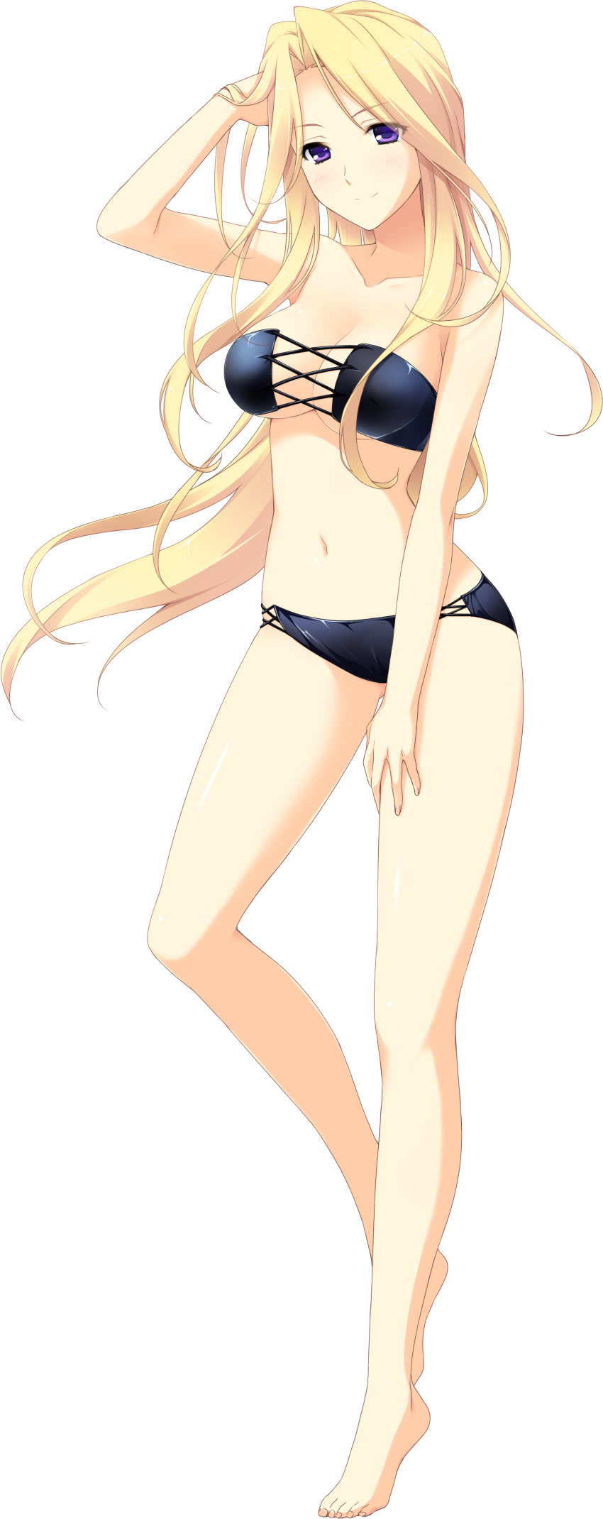 1girl, absurdres, arm_up, barefoot, bikini, black_bikini, blonde_hair, breasts