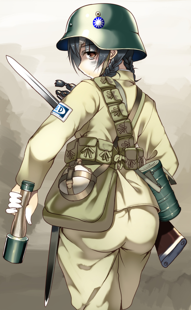1girl, ass, bag, bandolier, bayonet, black_hair, bolt_action, braid