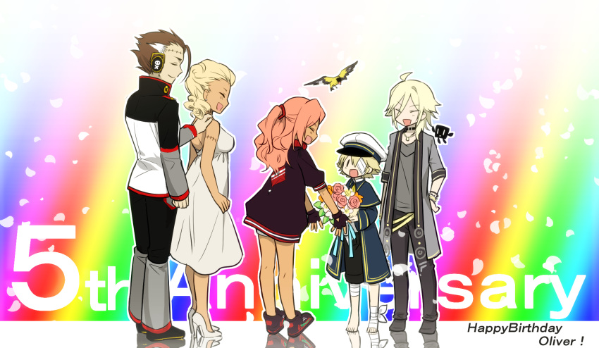 2girls, 3boys, anniversary, bandage, bandage_over_one_eye, barefoot, big_al, bird