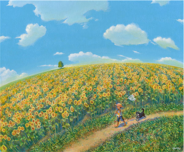 1boy, acrylic_paint_(medium), black_hair, blue_sky, butterfly_net, clouds, day, dirt_road