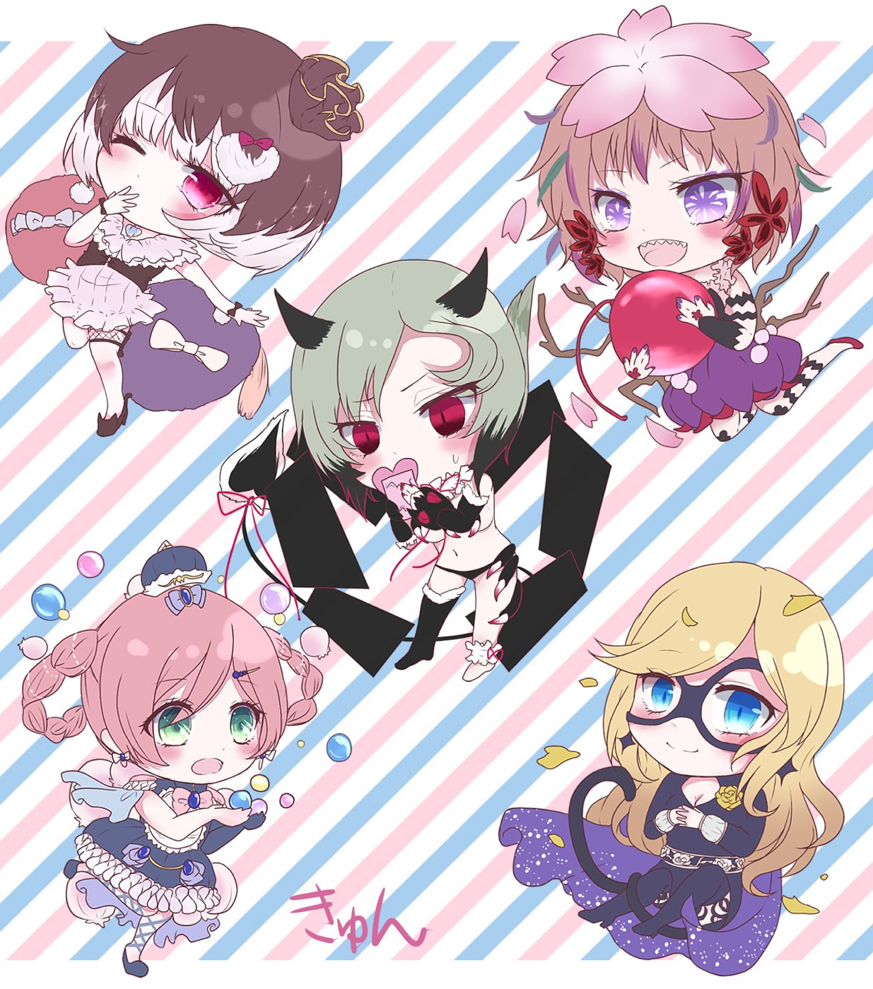 5girls, blue_eyes, bluebell_candy, blush, bodysuit, branch, bubble, candy, cape, chibi, cushion, domino_mask, dress, flower, food, fukuroi_marika, green_eyes, hair_flower, hair_ornament, highres, horns, kyun_(vacaloid), magical_girl, mahou_shoujo_ikusei_keikaku, mahou_shoujo_ikusei_keikaku_jokers, mahou_shoujo_ikusei_keikaku_limited, mahou_shoujo_ikusei_keikaku_restart, maou_pam, mask, masked_wonder, multicolored_hair, multiple_girls, one_eye_closed, petals, red_eyes, sharp_teeth, short_hair, skirt, striped, striped_background, styler_mimi, tail, teeth, two-tone_hair, violet_eyes