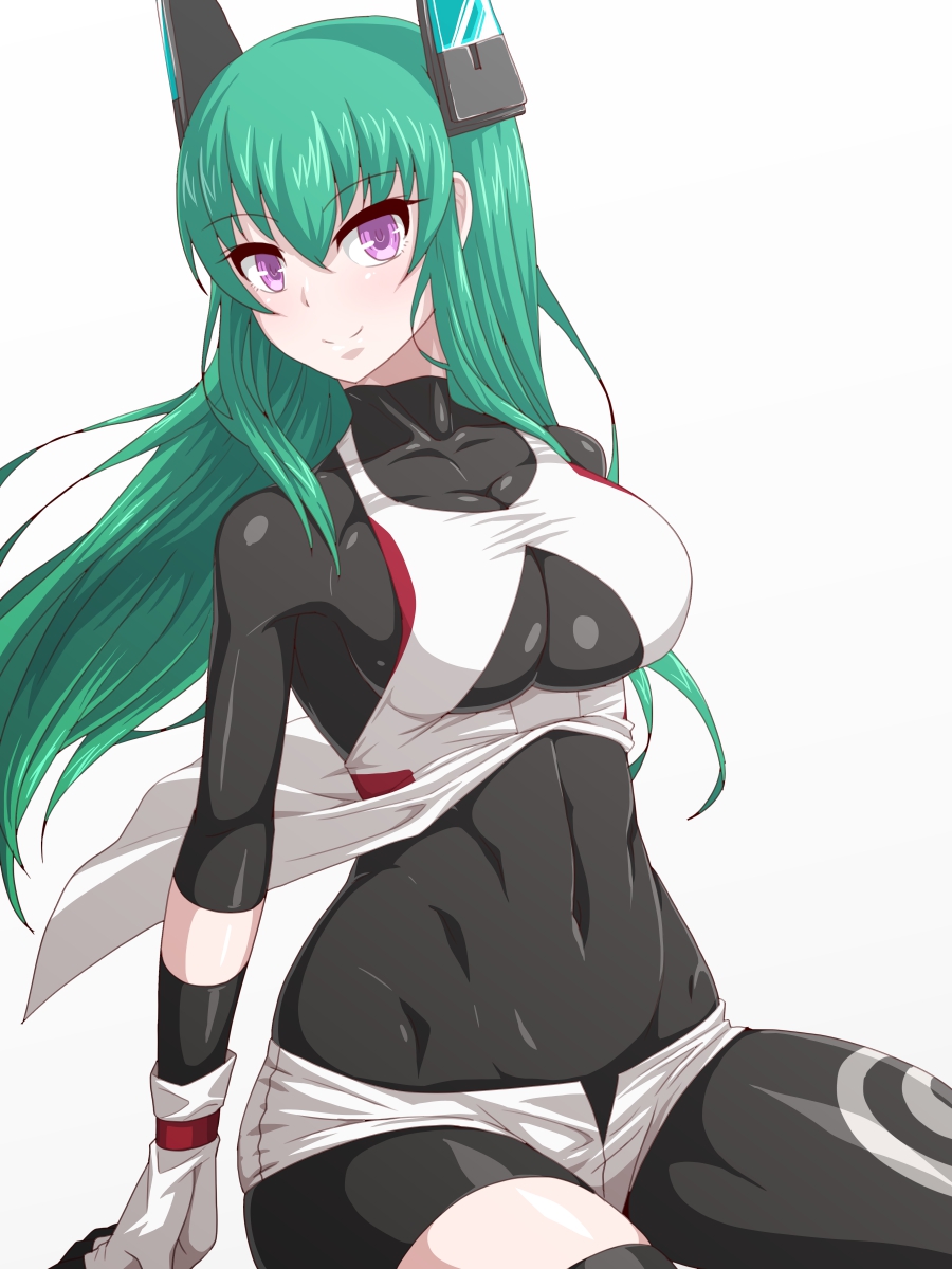 1girl, bodystocking, breasts, covered_navel, eyebrows_visible_through_hair, green_hair, hair_ornament, highres
