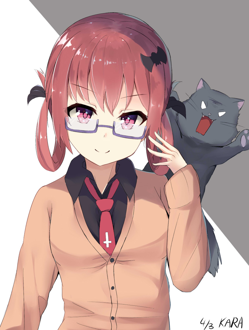 1girl, artist_name, bat_hair_ornament, black_shirt, cardigan, cat, closed_mouth, collared_shirt