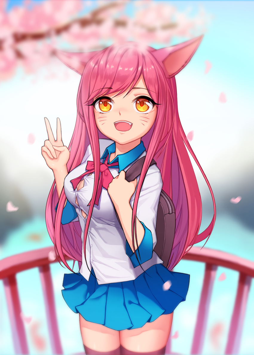 1girl, absurdres, academy_ahri, ahri, animal_ears, black_legwear, breasts, cleavage_cutout, fox_ears, hair_ornament, hairclip, heart_hair_ornament, highres, league_of_legends, lee_seok_ho, long_hair, looking_at_viewer, looking_up, open_mouth, redhead, school_uniform, skirt, solo, thigh-highs, v, whisker_markings, yellow_eyes