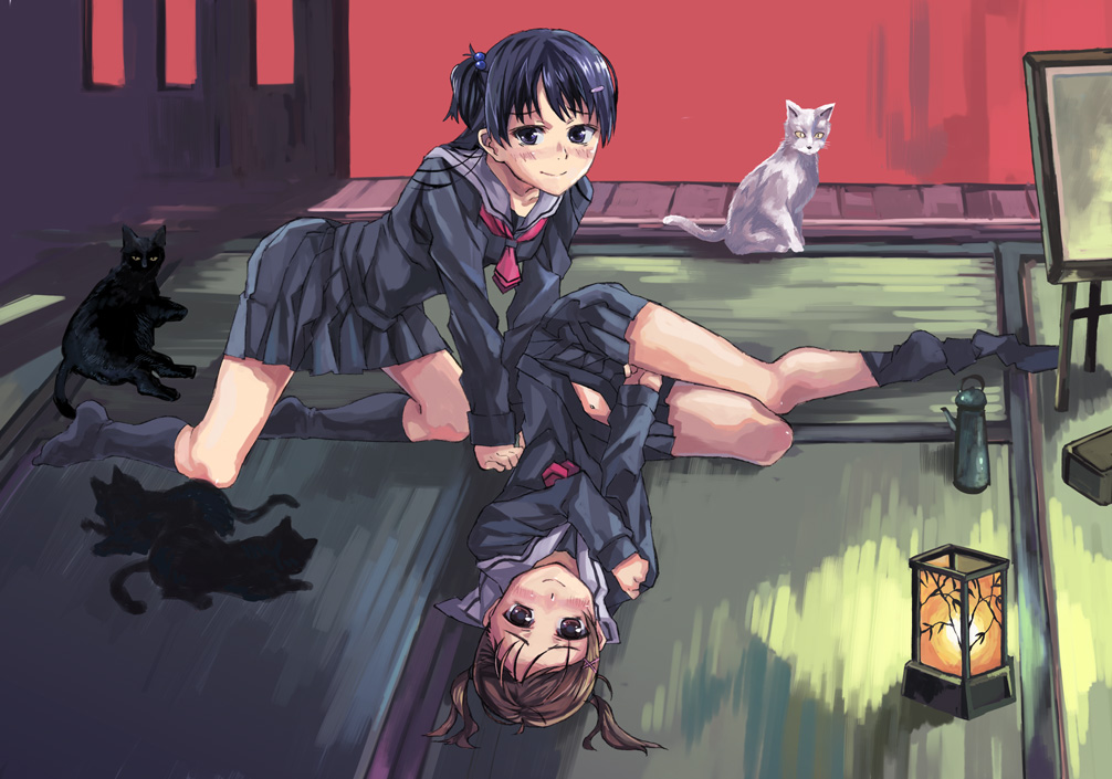 bad_id, black_hair, blush, brown_hair, cat, hair_bobbles, hair_ornament, kno1, kurayama_aya, kurayama_saya, lying, meishoujo, one_side_up, pigtails, school_uniform, short_twintails, skirt, smile, socks, twintails