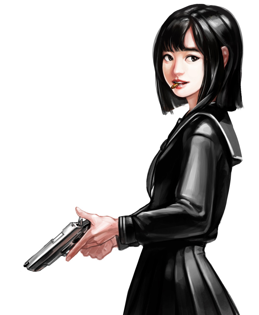 1girl, absurdres, bangs, black_eyes, black_hair, black_serafuku, black_shirt, black_skirt, blunt_bangs, bullet, cartridge, fingernails, from_side, gun, handgun, highres, holding, holding_gun, holding_weapon, jong_hyun_jeon, lipstick, long_sleeves, makeup, neckerchief, nose, open_mouth, original, pistol, pleated_skirt, red_lips, red_lipstick, sailor_collar, school_uniform, serafuku, shirt, short_hair, simple_background, skirt, skirt_set, smile, solo, teeth, teeth_hold, trigger_discipline, upper_body, weapon, white_background