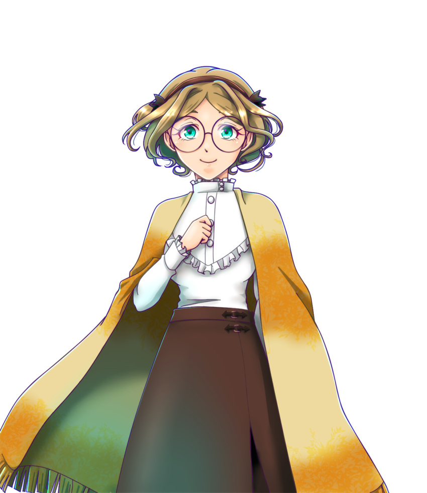 1girl, brown_hair, bungou_stray_dogs, capelet, chi_wa, glasses, green_eyes, hairband