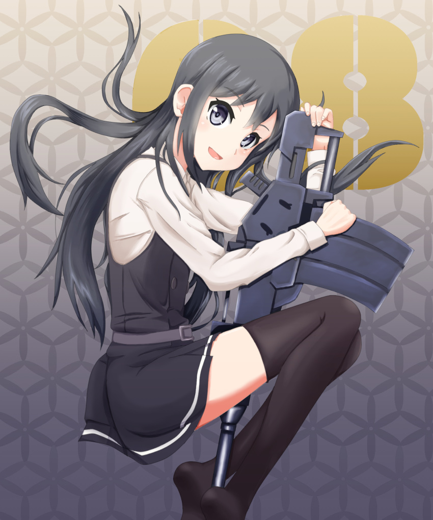 1girl, aa_gun, asashio_(kantai_collection), black_hair, black_legwear, buttons, dress, grey_eyes