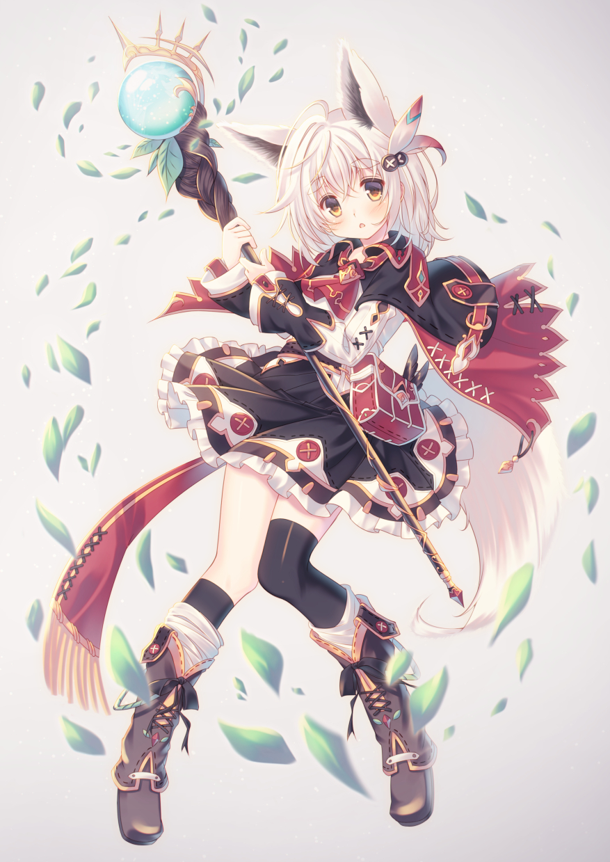 1girl, ahoge, animal_ears, asymmetrical_legwear, bag, belt, black_legwear, blurry, blush, boots, capelet, cross-laced_footwear, depth_of_field, dress, eyebrows_visible_through_hair, feathers, fox_ears, fox_girl, fox_tail, frilled_dress, frills, full_body, grey_background, hair_ornament, head_tilt, highres, hikimayu, holding, holding_staff, kneehighs, knees_together_feet_apart, leaf, long_hair, looking_at_viewer, misaki_yuu_(dstyle), open_mouth, original, simple_background, solo, staff, standing, tail, thigh-highs, triangle_mouth, white_hair, yellow_eyes