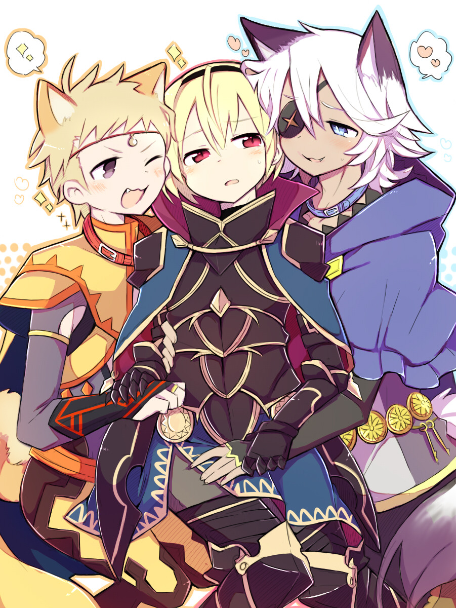 3boys, animal_ears, armor, blonde_hair, blue_eyes, blush, boy_sandwich, capelet