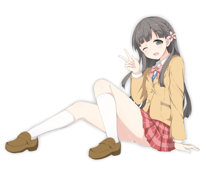1girl, black_eyes, black_hair, blazer, blush, braid, brown_hair, cosplay, flower, full_body, hair_flower, hair_ornament, highres, idolmaster, idolmaster_cinderella_girls, jacket, kobayakawa_sae, long_hair, looking_at_viewer, nabu, nabu_(xday), open_mouth, pleated_skirt, school_uniform, shadow, shimamura_uzuki, shimamura_uzuki_(cosplay), side_braid, simple_background, skirt, smile, solo, v, white_background