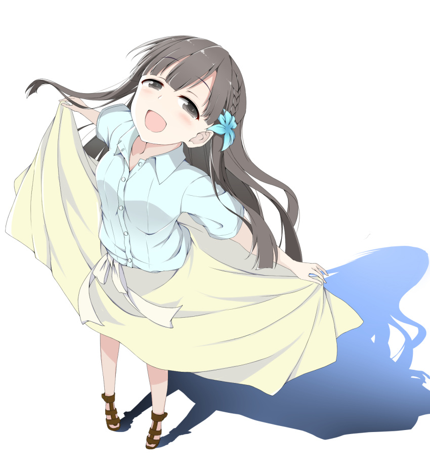 1girl, black_eyes, black_hair, blush, braid, cosplay, flower, hair_flower