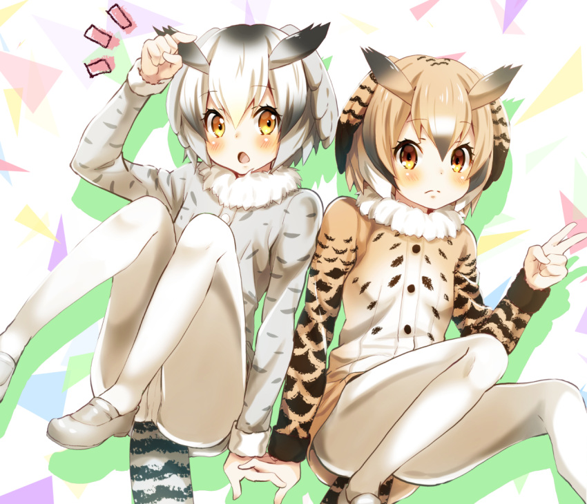 /\/\/\, 2girls, :o, blonde_hair, blush, brown_eyes, buttons, coat, collar, dot_nose, eurasian_eagle_owl_(kemono_friends), eyebrows_visible_through_hair, fur_collar, gradient_eyes, gradient_hair, grey_hair, grey_shoes, hair_between_eyes, hand_holding, hand_up, head_wings, kemono_friends, knees_to_chest, knees_up, light_brown_eyes, light_brown_hair, loafers, long_sleeves, looking_at_viewer, mii_no_suke, multicolored, multicolored_background, multicolored_eyes, multicolored_hair, multiple_girls, northern_white-faced_owl_(kemono_friends), open_mouth, orange_eyes, panties, panties_under_pantyhose, pantyhose, pantyshot, pantyshot_(sitting), pointing, pointing_at_viewer, shiny, shiny_skin, shoes, short_hair, sitting, tail, tareme, underwear, v, white_hair, white_legwear, white_panties, wings, yellow_eyes