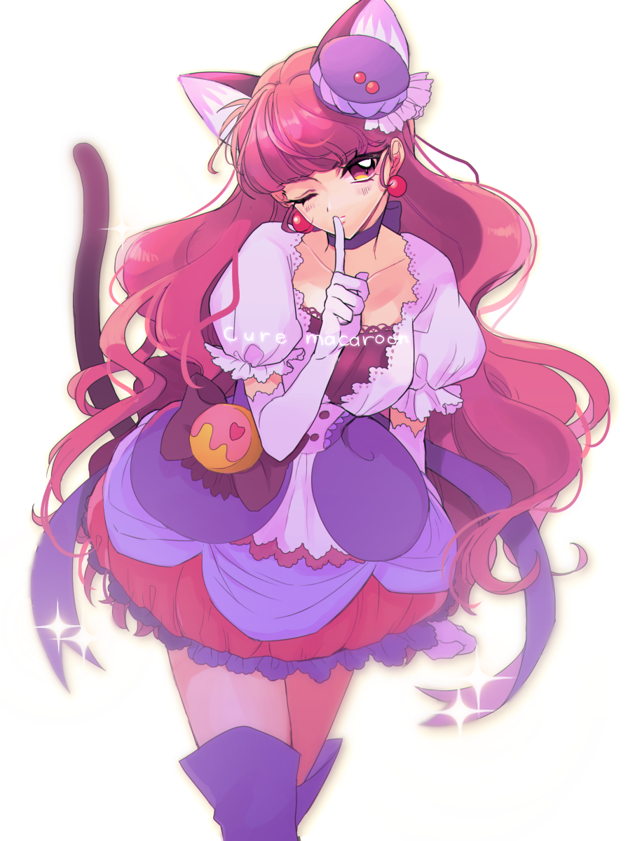 1girl, animal_ears, blush, cat_ears, cat_tail, character_name, choker, cure_macaron, elbow_gloves, finger_to_mouth, food_themed_hair_ornament, gloves, hair_ornament, highres, index_finger_raised, kirakira_precure_a_la_mode, kojiko_(kizikoriann), kotozume_yukari, long_hair, macaron_hair_ornament, magical_girl, one_eye_closed, precure, purple_hair, purple_legwear, tail, thigh-highs, violet_eyes, white_gloves