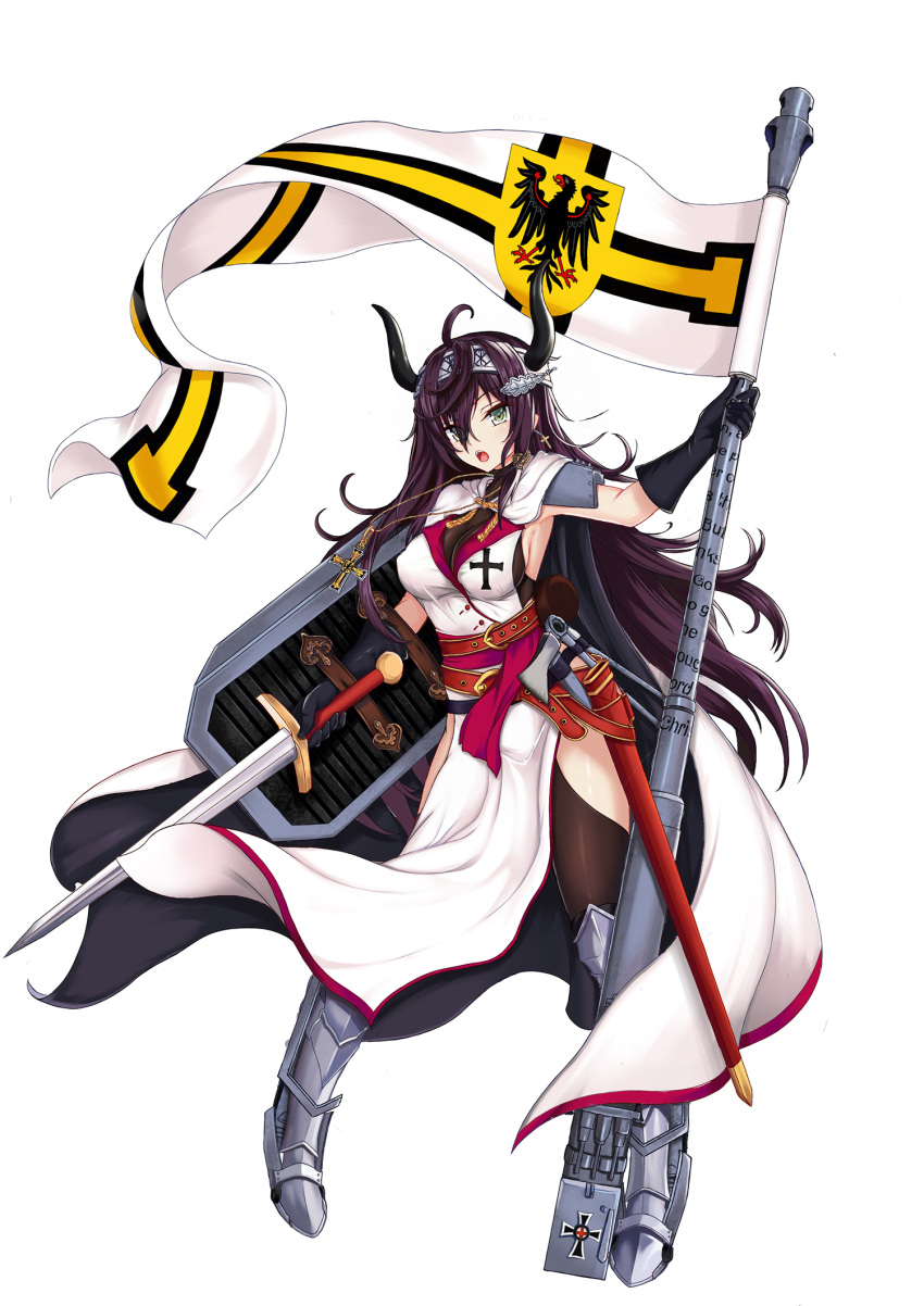 1girl, :o, armor, armored_boots, armpits, artist_request, belt, blue_eyes, boots, breasts, brown_hair, cannon, cross, cross_earrings, cross_necklace, earrings, erect_nipples, flag, full_body, gloves, grey_eyes, highres, hip_vent, horns, jewelry, long_hair, looking_at_viewer, mecha_musume, necklace, official_art, panzer_waltz, personification, purple_hair, shield, solo, standard_bearer, sturer_emil_(panzer_waltz), sword, thigh-highs, thighs, tori_(king8162635), transparent_background, tsurime, weapon