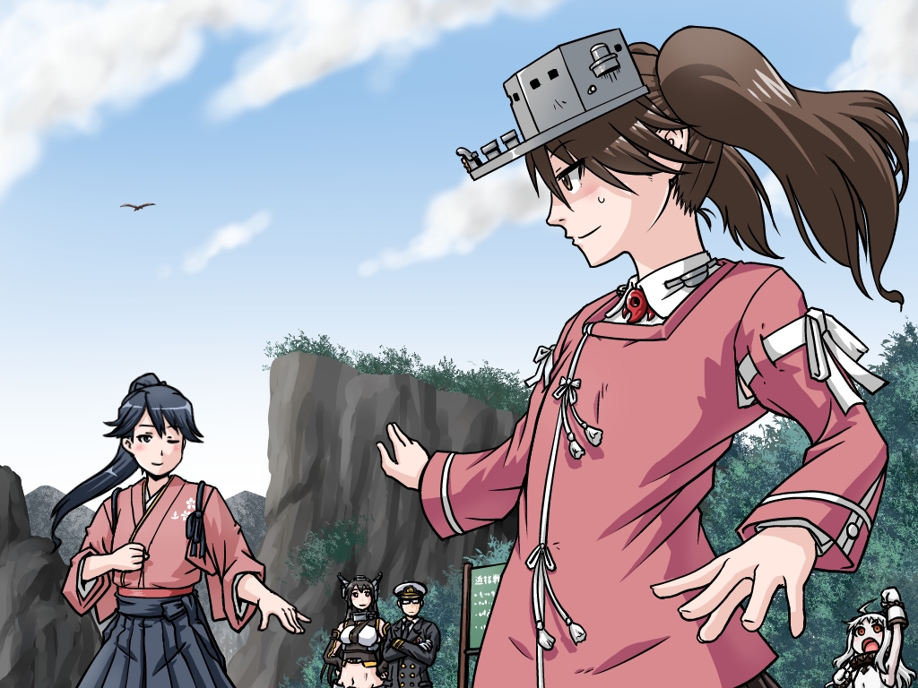 1boy, 4girls, ;), admiral_(kantai_collection), ahoge, black_eyes, black_hair, blue_sky, brown_eyes, brown_hair, cliff, clouds, cloudy_sky, commentary_request, day, dress, fighting_stance, glasses, hakama, hat, houshou_(kantai_collection), japanese_clothes, kantai_collection, kariginu, long_hair, magatama, military, military_uniform, multiple_girls, nagato_(kantai_collection), naval_uniform, navel, northern_ocean_hime, one_eye_closed, peaked_cap, raised_fist, ryuujou_(kantai_collection), shinkaisei-kan, sir_ichirou, sky, smile, stance, sweat, tasuki, twintails, uniform, visor_cap, white_dress, white_hair, white_skin, wind, yamaponzzz