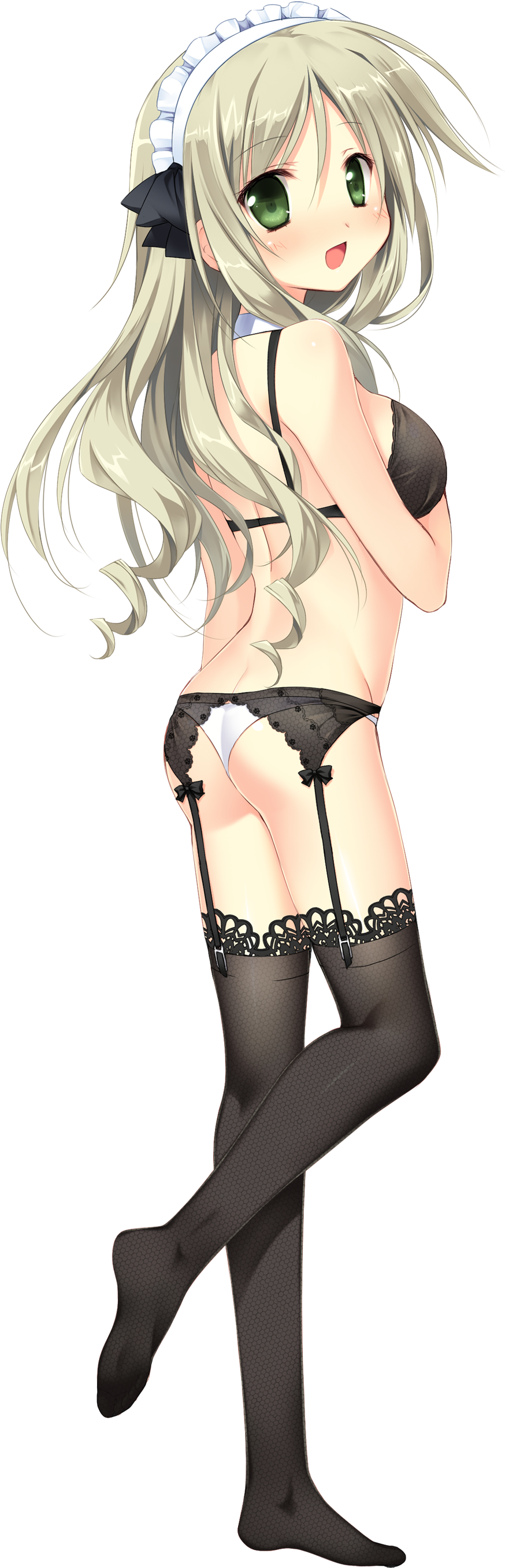 1girl, absurdres, ass, black_bra, black_legwear, blush, bra, breasts, butt_crack, cabbage_soft, detached_collar, full_body, garter_belt, garter_straps, green_eyes, green_hair, highres, hoshikoi_tinkle, kagami_sakura, korie_riko, lace, lace-trimmed_thighhighs, long_hair, maid_headdress, no_shoes, official_art, open_mouth, solo, thigh-highs, transparent_background, underwear