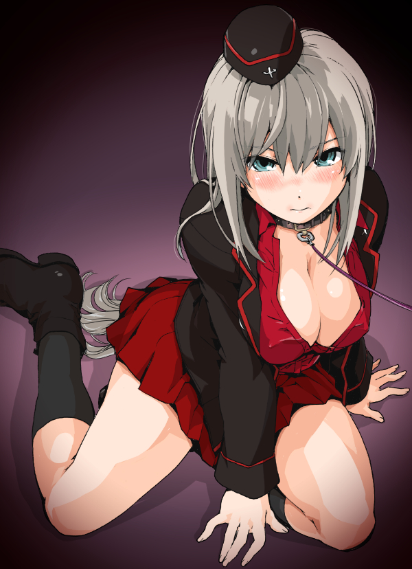 1girl, arm_support, bdsm, black_background, black_boots, black_jacket, black_legwear, blue_eyes
