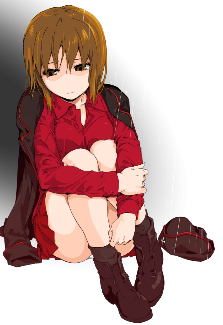 1girl, black_boots, boots, brown_eyes, brown_hair, full_body, garrison_cap, girls_und_panzer, hat, hat_removed, headwear_removed, highres, leg_hug, long_sleeves, military, military_uniform, nishizumi_miho, open_clothes, rain, red_shirt, red_skirt, shirt, short_hair, sitting, skirt, solo, teoshiguruma, uniform