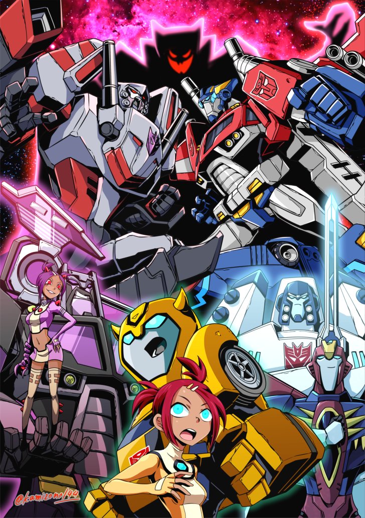 2girls, 6+boys, android, autobot, blue_eyes, boots, bumblebee, cannon