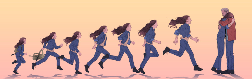 1boy, 1girl, absurdres, age_progression, backpack, bag, beard, brown_hair, facial_hair, grey_hair, highres, hug, jacket, juneseo, logan_(film), long_hair, marvel, older, open_mouth, running, wolverine, x-23, x-men