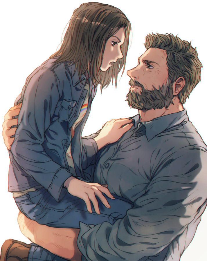 1boy, 1girl, age_difference, beard, brown_hair, carrying, eye_contact, facial_hair