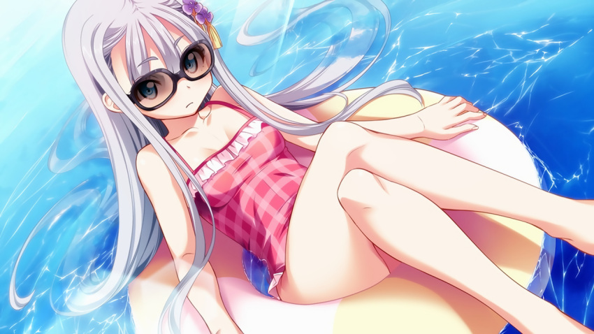 1girl, black-framed_eyewear, casual_one-piece_swimsuit, floating, flower, frilled_swimsuit, frills, game_cg