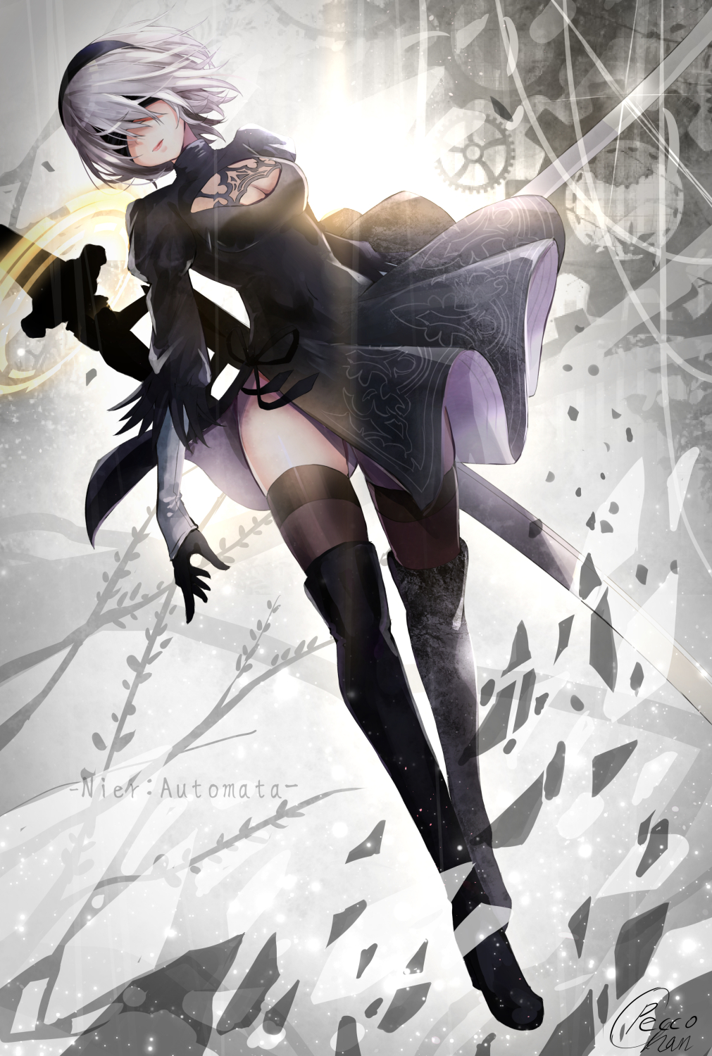 1girl, black_dress, black_gloves, black_legwear, blindfold, boots, breasts, dress