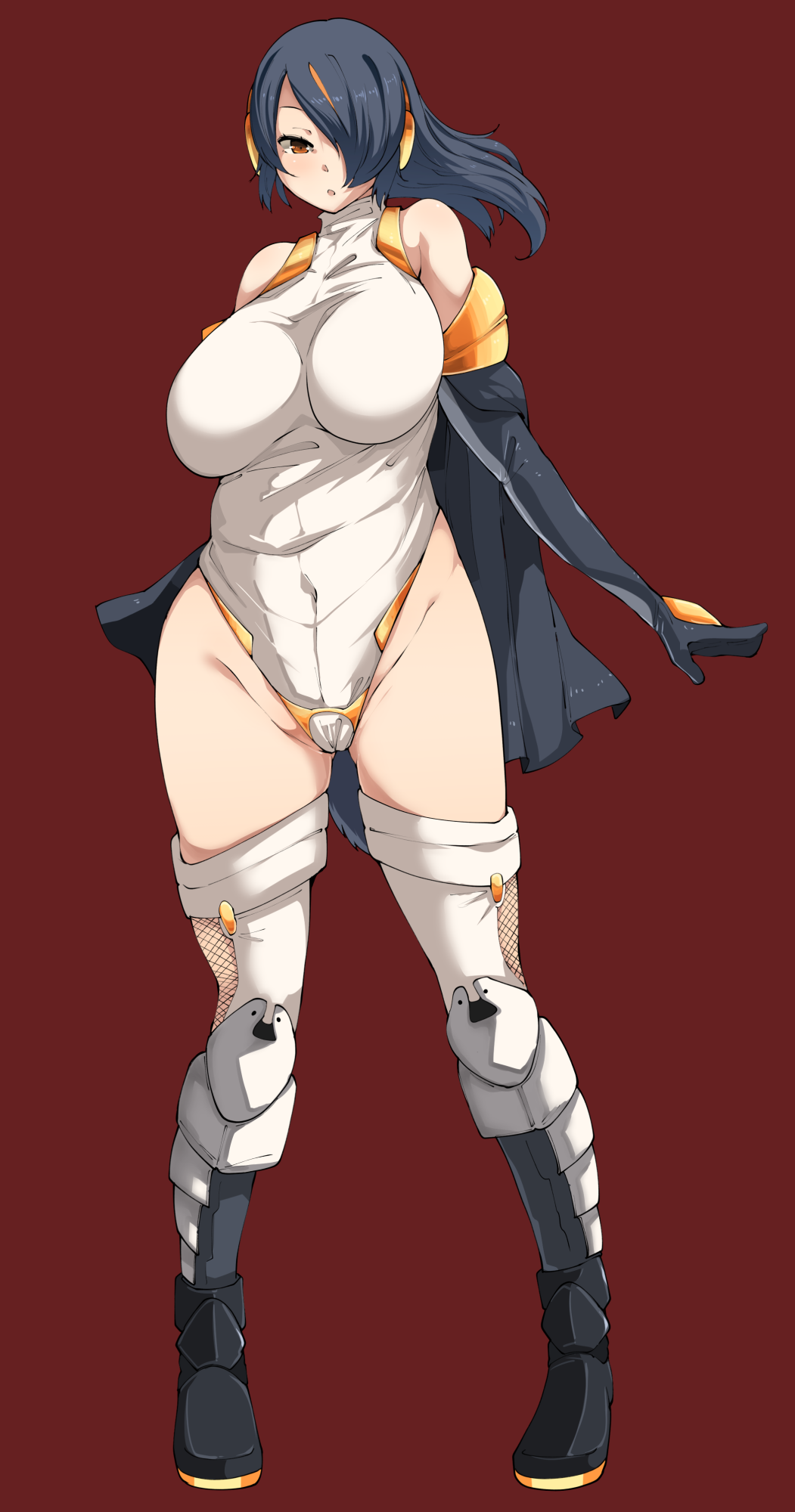 1girl, bare_shoulders, black_hair, breasts, covered_navel, elbow_gloves, emperor_penguin_(kemono_friends), gloves, hair_over_one_eye, headphones, highres, hips, jacket, kemono_friends, large_breasts, long_hair, parted_lips, red_background, red_eyes, sagging_breasts, simple_background, solo, takatoo_kurosuke, thighs