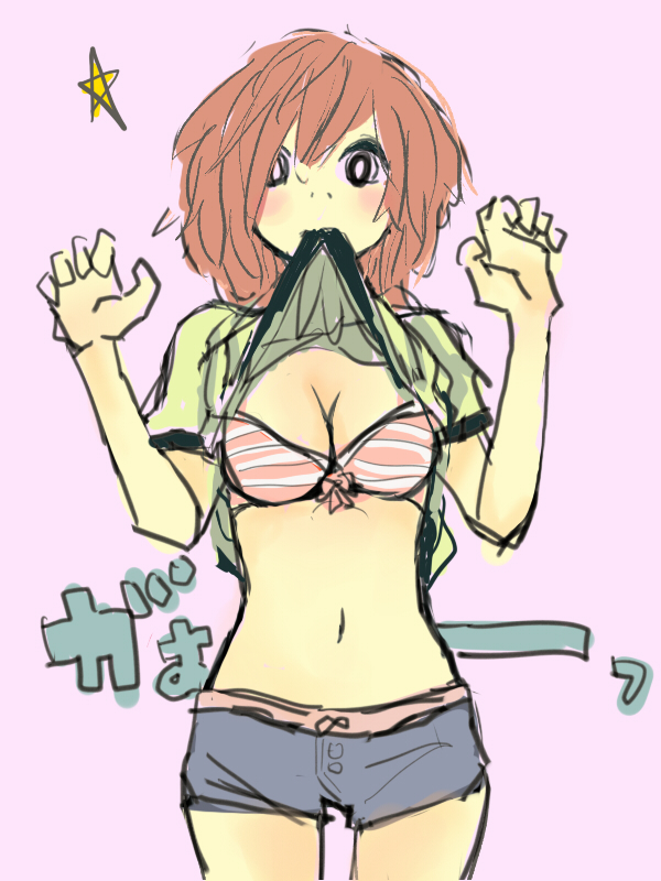 bra, breasts, bridgesignal, brown_hair, lingerie, mouth_hold, original, shirt_lift, shorts, sketch, underwear