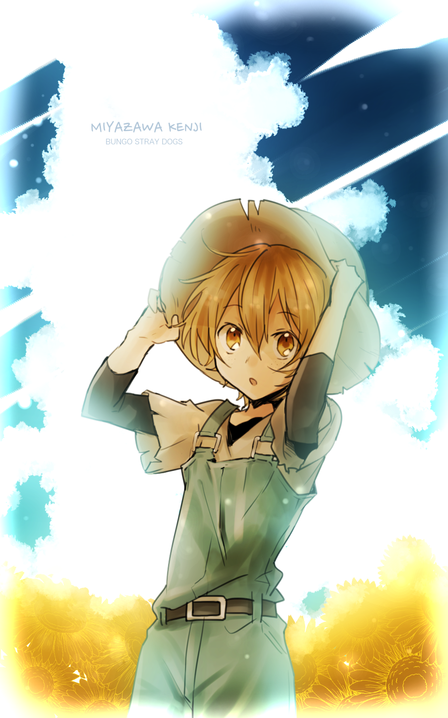 1boy, blonde_hair, bungou_stray_dogs, character_name, clouds, copyright_name, flower, freckles
