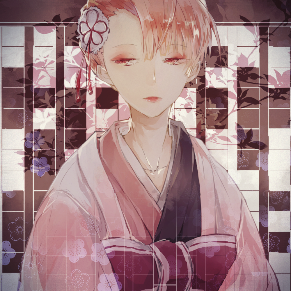 1girl, bungou_stray_dogs, flower, hair_bun, hair_ornament, japanese_clothes, kimono, leaf, open_mouth, otnskn27, ozaki_kouyou, ozaki_kouyou_(bungou_stray_dogs), pink_eyes, pink_hair, portrait