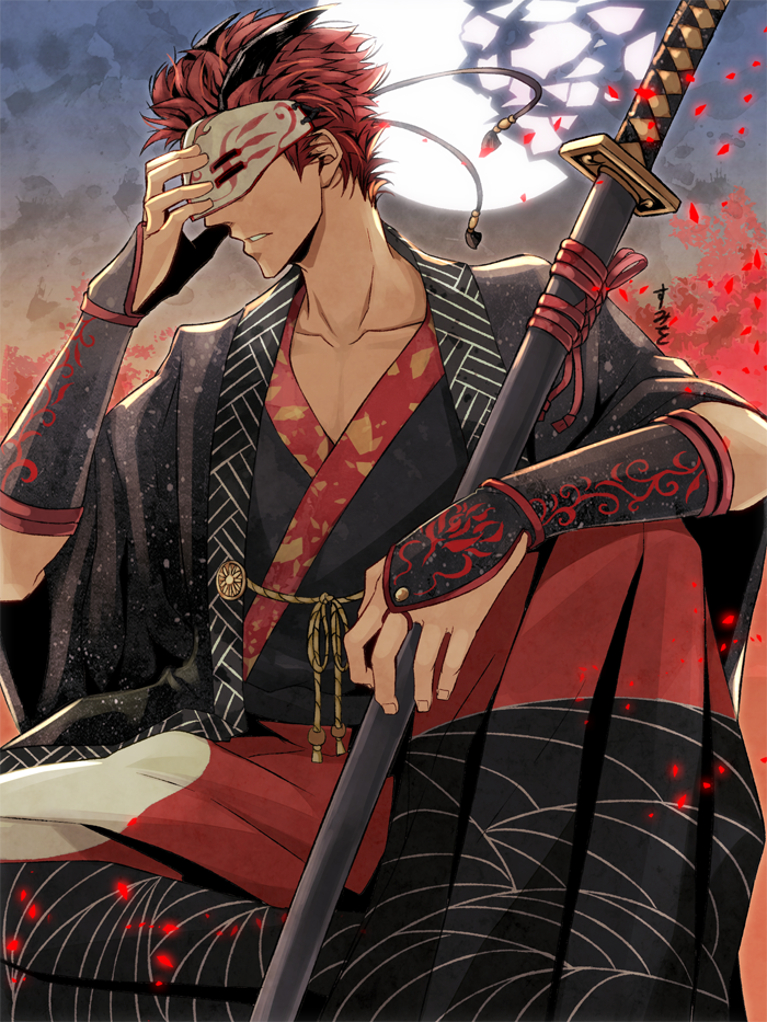 1boy, adam_taurus, horns, japanese_clothes, kimono, male_focus, mask, moon