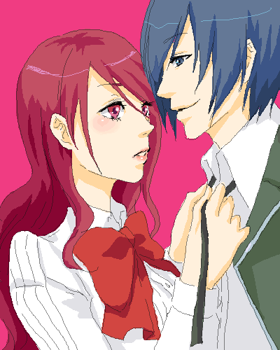 1girl, arisato_minato, blue_hair, bow, couple, kirijou_mitsuru, lowres, oekaki
