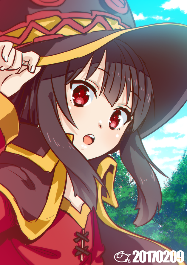 1girl, black_cape, black_hair, brown_hat, cape, eyebrows_visible_through_hair, hand_on_headwear, hat