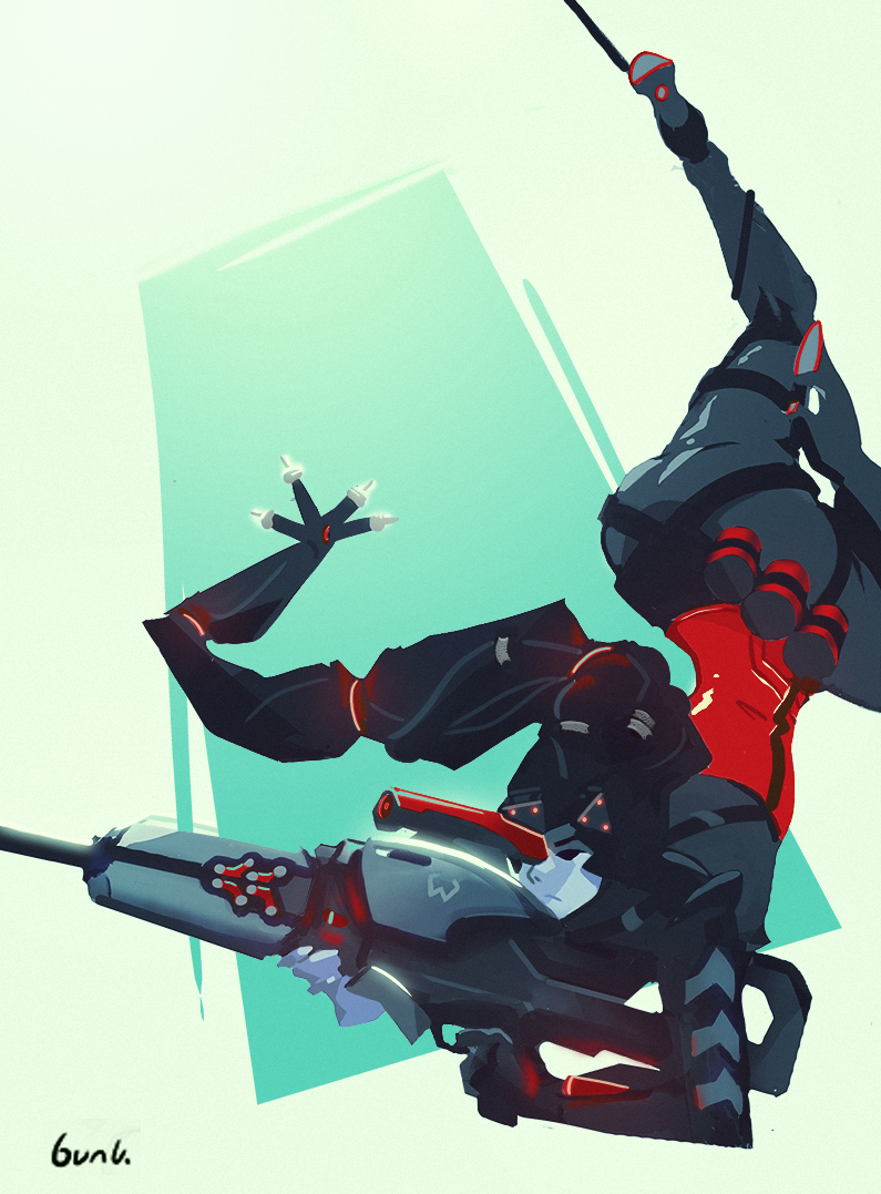 1girl, aiming, alternate_costume, black_hair, bodysuit, cable, gloves, gun