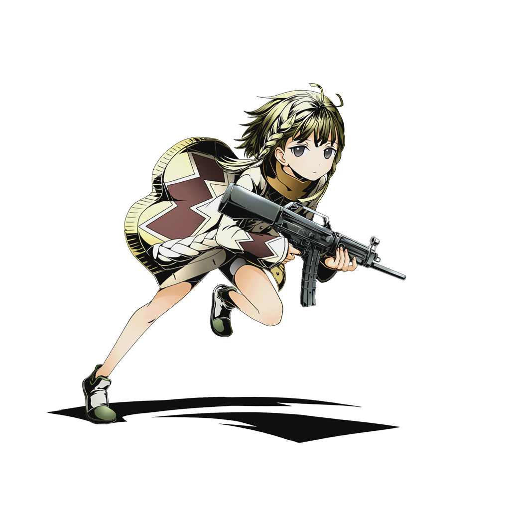1girl, black_bullet, black_eyes, blonde_hair, braid, divine_gate, full_body, gun