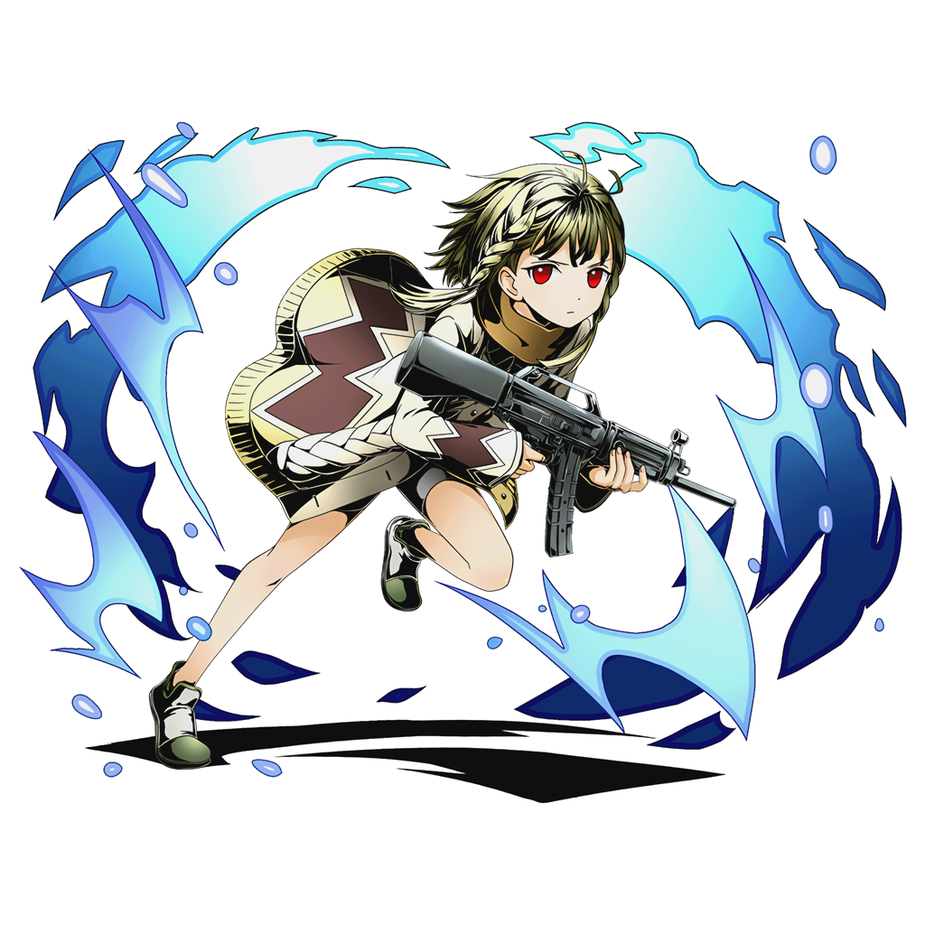 1girl, black_bullet, blonde_hair, braid, divine_gate, full_body, gun, holding