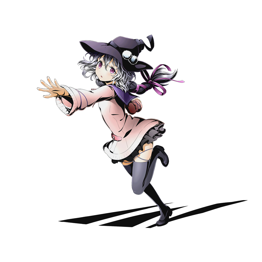 1girl, black_bullet, black_hat, black_legwear, black_skirt, divine_gate, full_body, hari_ribbon, hat, long_hair, midori_fuse, miniskirt, official_art, one_leg_raised, pink_sweater, ponytail, purple_ribbon, ribbon, silver_hair, skirt, solo, sweater, thigh-highs, transparent_background, ucmm, violet_eyes, witch_hat, zettai_ryouiki