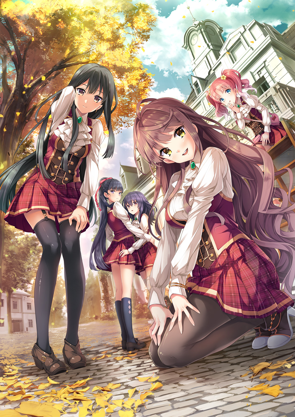 5girls, :d, autumn_leaves, black_hair, black_legwear, blue_eyes, blue_hair, brown_eyes, dutch_angle, earrings, flower, garter_straps, hair_between_eyes, hair_flower, hair_ornament, hair_ribbon, hand_in_hair, hand_on_leg, head_tilt, high_ponytail, highres, himehoshi_arika, hitotsubashi_benio, hug, jewelry, kaguyuzu, kneehighs, kneeling, kurusugawa_hajime, leaning_forward, long_hair, multiple_girls, ojou-sama_no_hanbun_wa_ren'ai_de_dekiteimasu!, open_mouth, oumi_yukari, outdoors, pantyhose, parted_lips, pink_hair, pleated_skirt, polina_coppelia, red_ribbon, red_skirt, ribbon, sitting, skirt, smile, thigh-highs, tree, twintails, uniform, very_long_hair, white_legwear, yellow_eyes, yellow_flower, zettai_ryouiki
