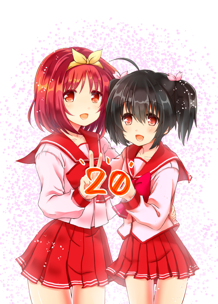 2girls, :d, ahoge, black_hair, bow, cowboy_shot, eyebrows_visible_through_hair, hair_ribbon