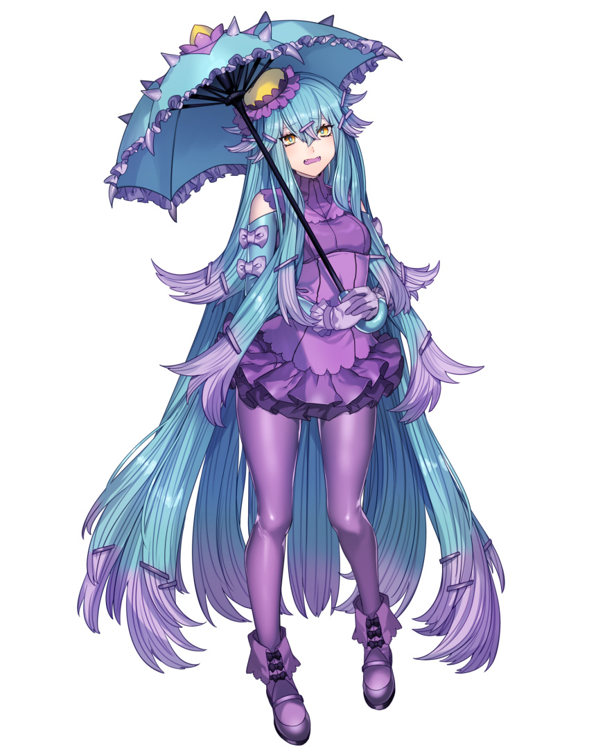 1girl, blue_eyes, blue_hair, commentary_request, dress, fangs, frilled_dress, frills, full_body, gloves, gradient_hair, hair_between_eyes, hair_flaps, hair_ornament, hairpin, hat, highres, holding, holding_umbrella, katagiri_hachigou, long_hair, mareanie, multicolored, multicolored_eyes, multicolored_hair, personification, pokemon, purple_gloves, purple_hair, purple_legwear, ribbon, simple_background, solo, turtleneck, umbrella, very_long_hair, white_background, yellow_eyes