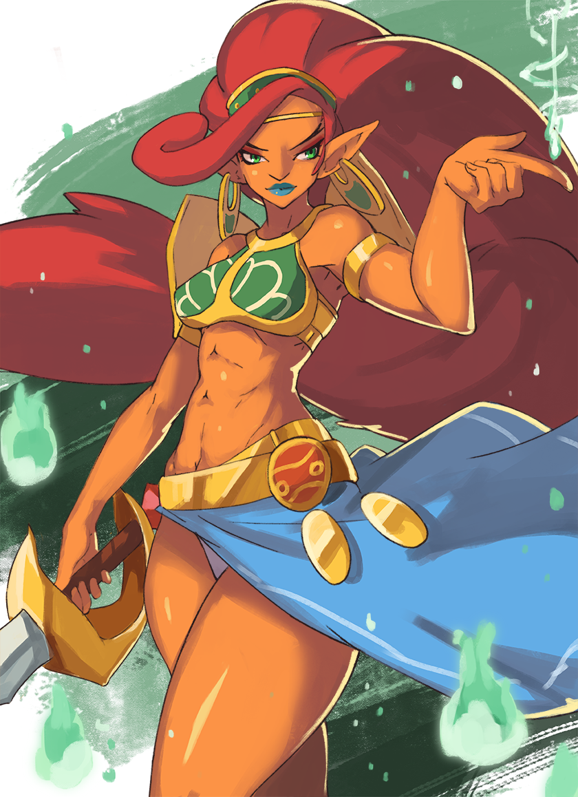 1girl, abs, armlet, blue_lipstick, dark_skin, earrings, gerudo, green_eyes