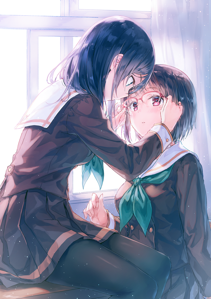 2girls, adjusting_another's_glasses, black_legwear, black_skirt, blue_eyes, blue_hair, blush, brown_hair, eye_contact, glasses, hibike!_euphonium, hiten_goane_ryu, looking_at_another, mole, mole_under_eye, multiple_girls, nakaseko_kaori, over-rim_glasses, pink_eyes, red-framed_eyewear, school_uniform, semi-rimless_glasses, serafuku, short_hair, sitting, skirt, tanaka_asuka, yuri
