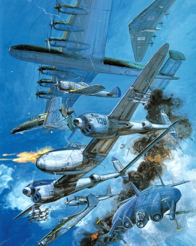 aircraft, airplane, clouds, g10n_fugaku, j7w_shinden, ki-84_hayate, mosquito_(airplane), no_humans, p-38_lightning, sky, smoke, strikers_1945, ta_152, takani_yoshiyuki, xb-35, xf5u
